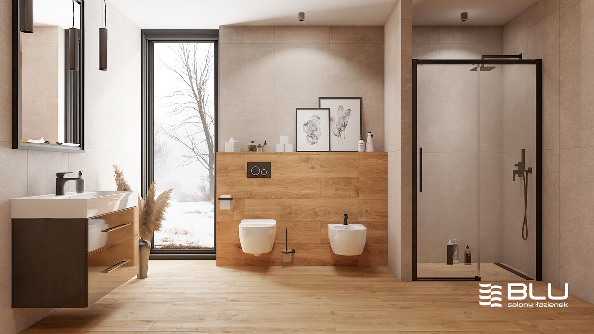 Aranżacja łazienki z gresem drewnopodobnym Azario Linois Roble.